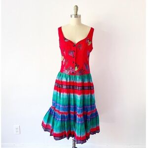 Emanuel Ungaro Parallele Dress Red Strawberry Print Tiered Ikat Midi Italy 10